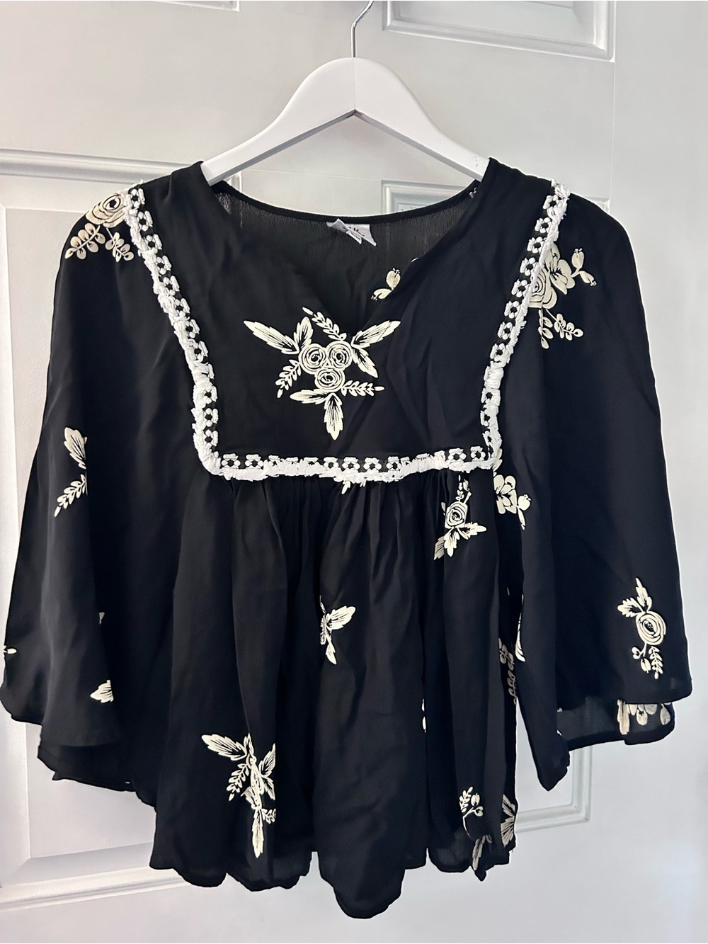 ivy jane Black Peasant Blouse with Cream Floral Embroidery